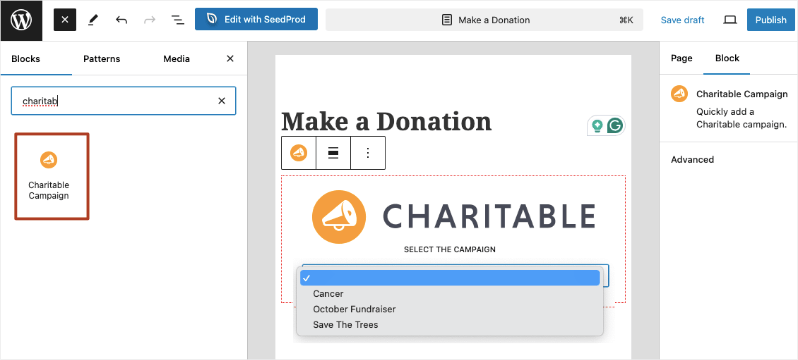 Add Charitable campaign to block editor