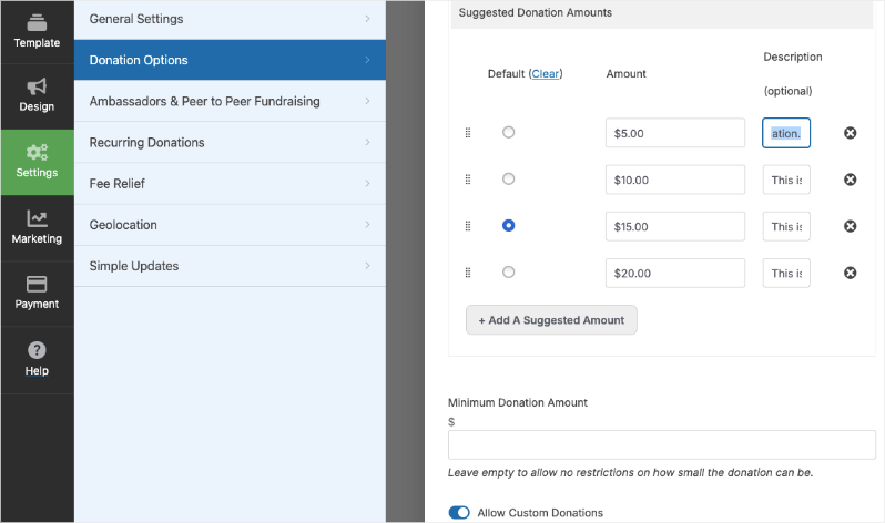 Donation options in settings page