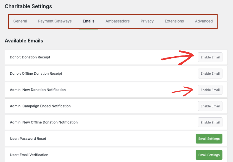 Enable donor receipt and admin notification email