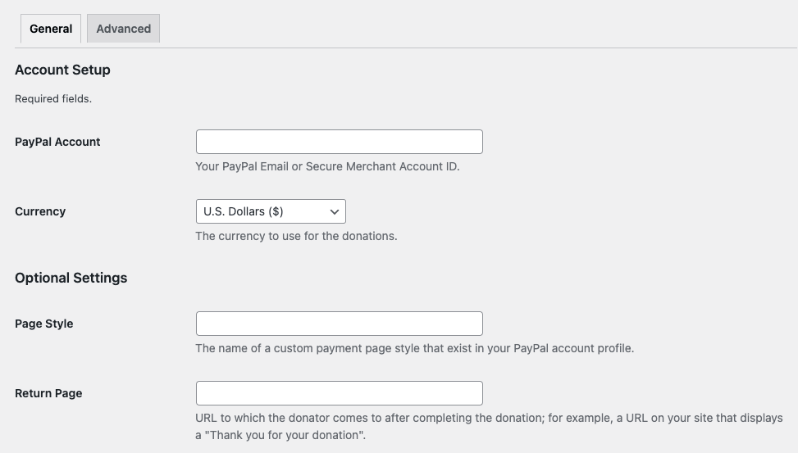 Donations via PayPal settings