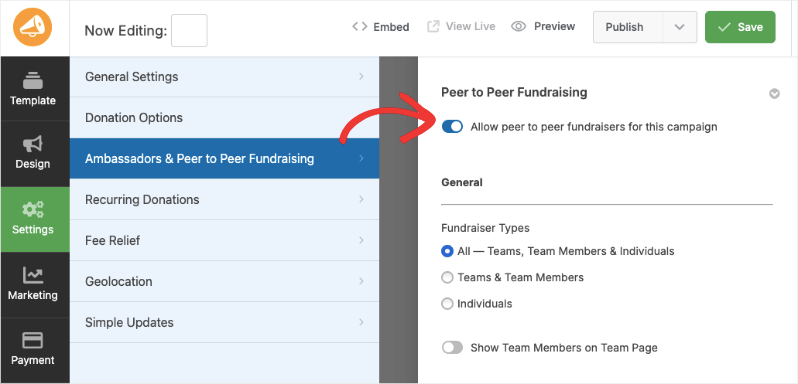 Enable peer to peer fundraising