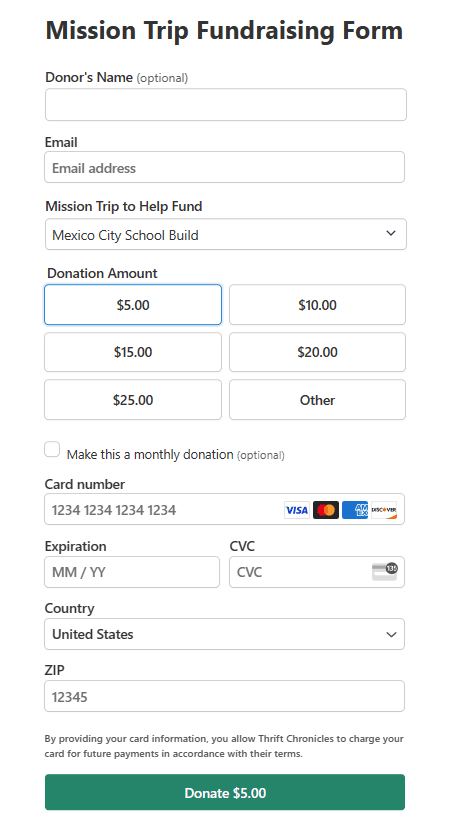 Sample donation form in WP Simple Pay