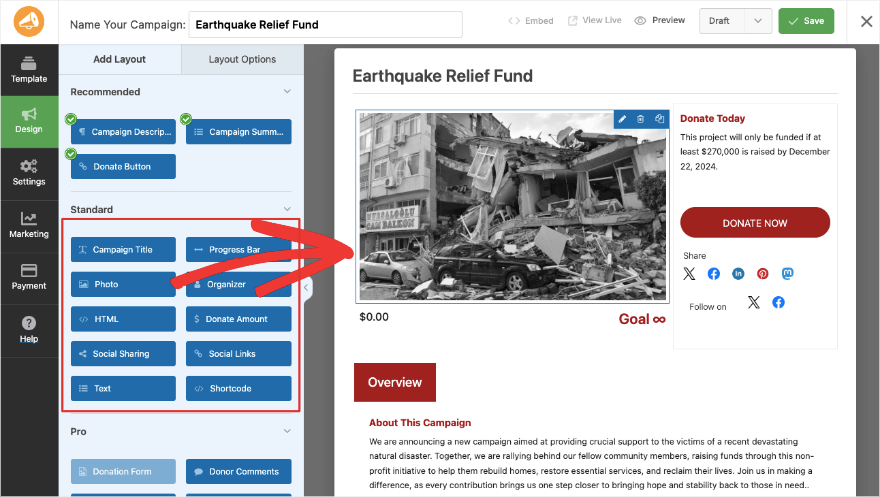 Charitable drag and drop visual builder