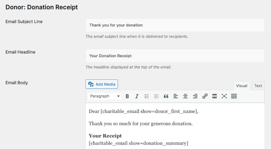 Customize donation receipt email