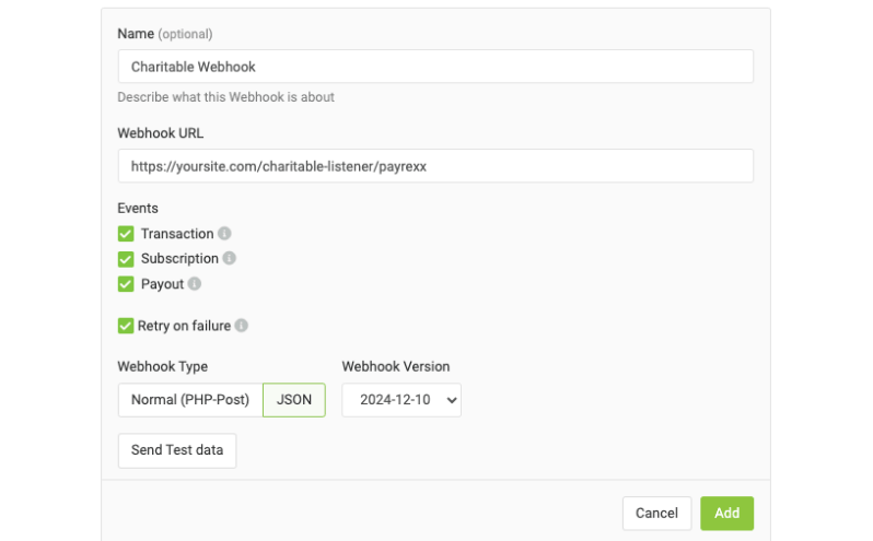 Charitable webhook settings