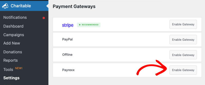 Enable Payrexx gateway in Charitable settings