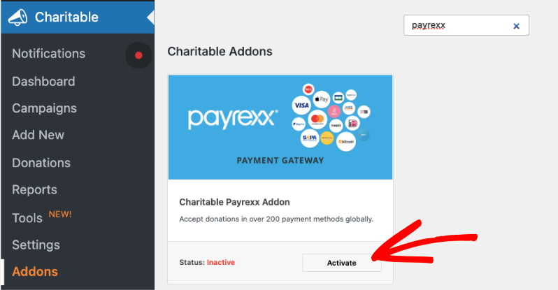 Enable Payrexx in Charitable addons