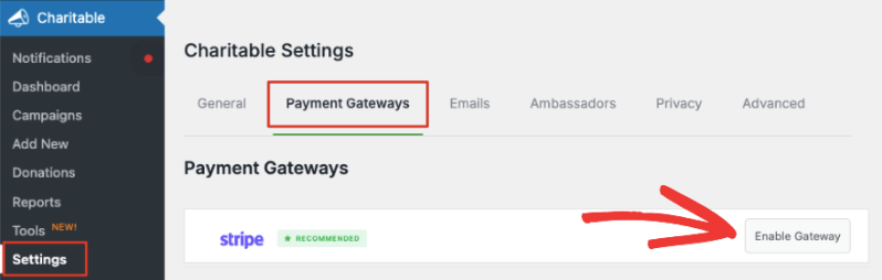 Enable Stripe payment gateway