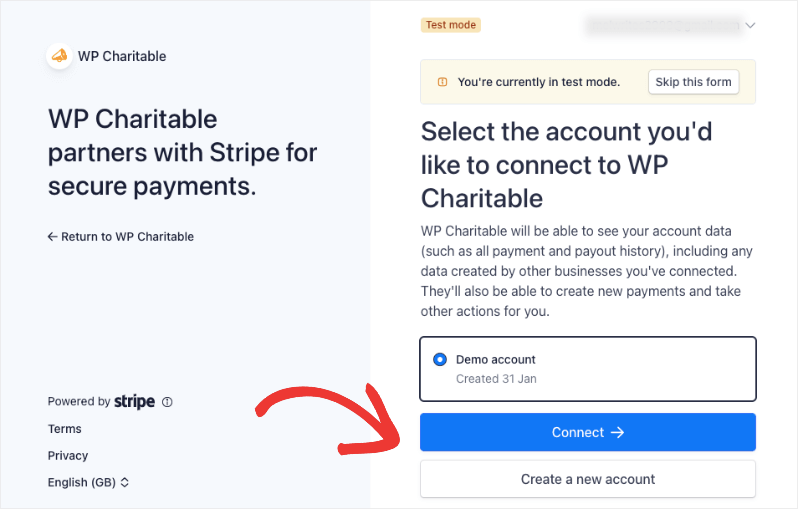 Connect Stripe account on Stripe page