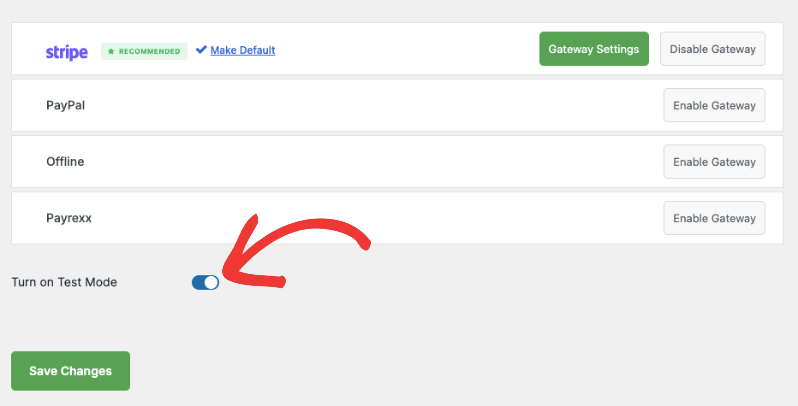 Turn on test mode for payment gateways